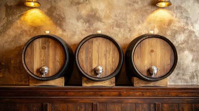 Wooden Barrels for Aging Beverages in Rustic Setting