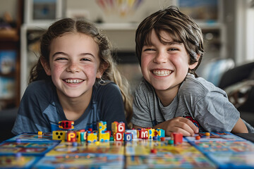 family gatherings, siblings celebrate their special day with board games on the floor and a handcrafted cake, creating cheerful memories