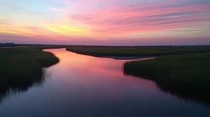 Fototapeta premium Serene Sunset Over Coastal Marsh Waterway
