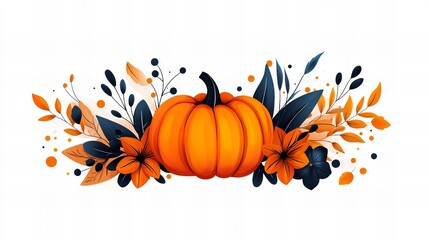 Autumnal arrangement featuring a vibrant pumpkin nestled amongst autumnal leaves and flowers. Perfect for seasonal greetings!