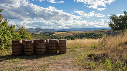 Scenic Landscape with Wooden Barrels in Countryside Setting