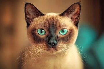 Vintage image of a close-up, nervous Burmese cat with a white backdrop