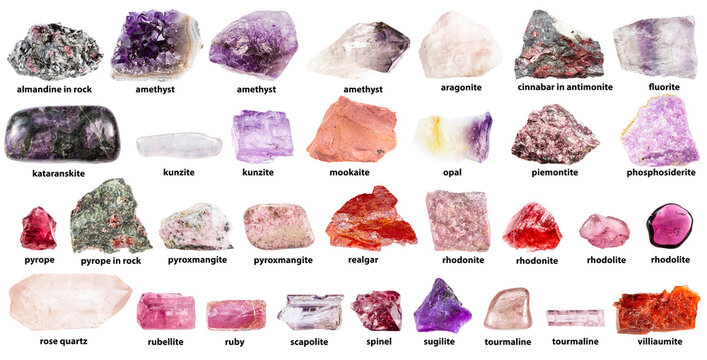 rough pink minerals with names isolated