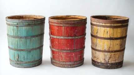 Fototapeta premium Colorful Vintage Wooden Barrels with Rustic Weathered Finishes