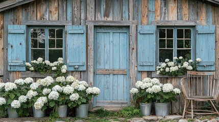 Rustic Charm: Hydrangeas Adorn a Quaint Wooden Cottage