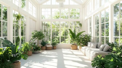 Fototapeta premium Bright and Lush Indoor Conservatory with Abundant Green Plants