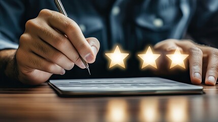 Person writing review three stars feedback rating