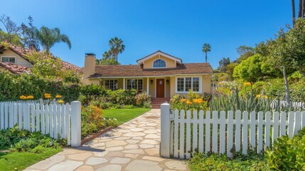 Charming Single-Story House Surrounded by Lush Greenery and Flowers