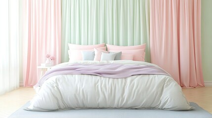 Pastel Bedroom Featuring a Made Bed with Pink and Green Curtains