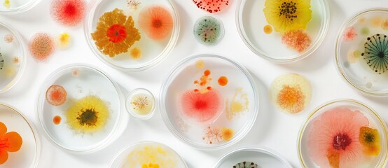 Various petri dishes showcasing microbial growth and diversity. AI generated image