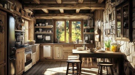 Serene Rustic Kitchen with Natural Light and Wooden Elements