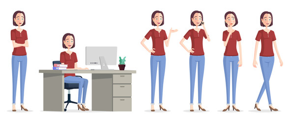 Cartoon Businesswoman Character in different poses, Sitting on Office Chair, Arms Folded, Thinking, Showing, Walking
