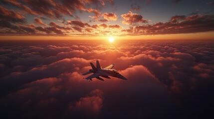 Obraz premium Sunset Flight: Fighter Jet Above Cloudscape