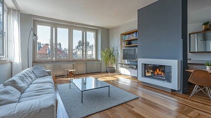 Fototapeta premium Modern spacious living room with fireplace and large windows