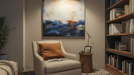 A cozy reading nook featuring a large sculptural wall art piece that creates a focal point, adding depth to the space and inviting relaxation and creativity. Sculptural Depth. Illustration