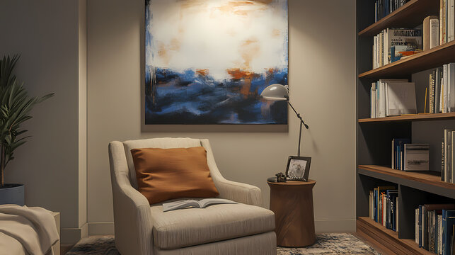 A cozy reading nook featuring a large sculptural wall art piece that creates a focal point, adding depth to the space and inviting relaxation and creativity. Sculptural Depth. Illustration