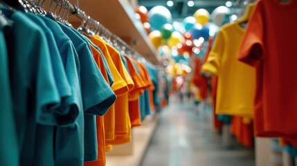 A playful arrangement of colorful t-shirts in a store filled with balloons creates a cheerful and festive environment, perfect for attracting shoppers of all ages.