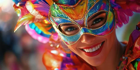 Masquerade dancer in vibrant costume, smiling and posing for the camera at a lively carnival festival.