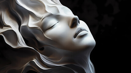 A sculptural representation of a serene face with flowing, layered elements, conveying a sense of calm and depth against a dark background. Sculptural Depth. Illustration