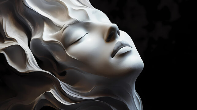 A sculptural representation of a serene face with flowing, layered elements, conveying a sense of calm and depth against a dark background. Sculptural Depth. Illustration