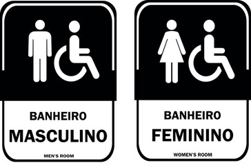 Placa para Banheiros Masculino e Feminino. Estilo Moderno. Nos Tons Preto e Branco.