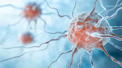 Ice Blue and Coral Cancer Cell 3D Illustration with Scientific Detail