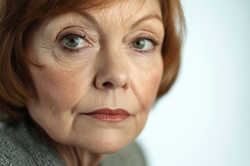 This image features a middle-aged woman with red hair, appearing to be in deep thought or pondering something. Her intense gaze and serious expression suggest a moment of contemplation.