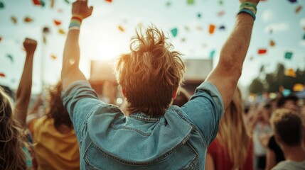 A dynamic scene capturing the excitement of a crowd at a festival, with individuals celebrating together, raising their arms in a moment of shared joy and connection.