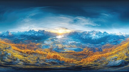 Panoramic View of Autumnal Valley and Majestic Snowy Mountains