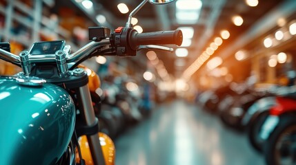 A close-up view of a stylish motorbike in a modern showroom, emphasizing the sleek design and craftsmanship that appeals to motorcycle enthusiasts.