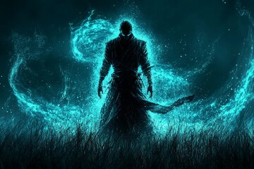 Fototapeta premium warrior engulfed in blue flames, standing in a field at night. 