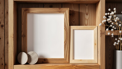 Empty wooden frames on shelf with decorative flowers