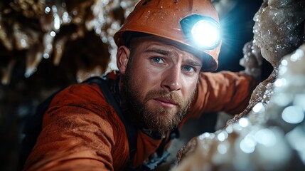A rugged male cave explorer wearing an orange jacket and helmet, shines his headlamp while navigating through a dark cave filled with glistening stalactites and rocks.