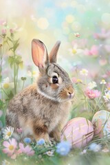 Fototapeta premium Watercolor Bunny in Wildflower Meadow for Easter Poster Design