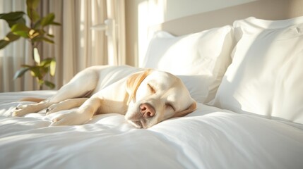 A peaceful Labrador reclines on a luxurious bed bathed in sunlight, showcasing a serene moment of relaxation that resonates deeply with comfort and companionship for pet lovers.