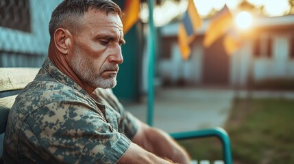 A pensive military man sits on a bench, reflecting on his experiences surrounded by flags, capturing the essence of solitude and introspection in a serene setting.