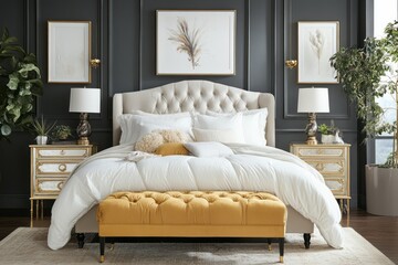 Fototapeta premium Elegant Bedroom Interior Design With Upholstered Bed And Ottoman