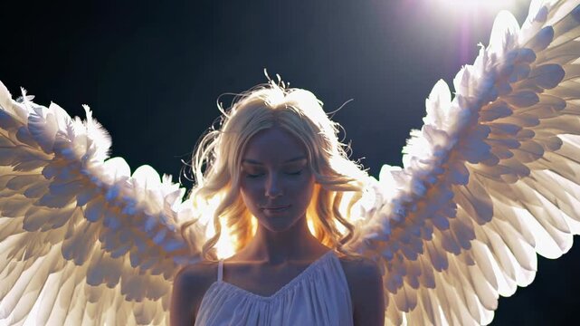 Woman Angel with wings. Ethereal blonde woman spreading luminous white wings, standing against dark backdrop, emanating celestial tranquility and sublime spiritual radiance