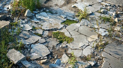 Weathered Cracked Concrete Surface with Wild Greenery Growth