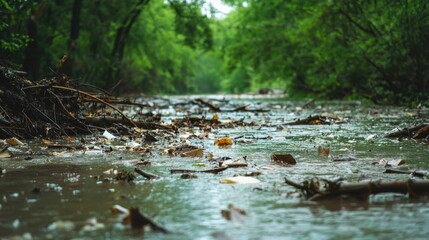 Fototapeta premium Littered Waterway Surrounded by Lush Green Trees in Wet Environment