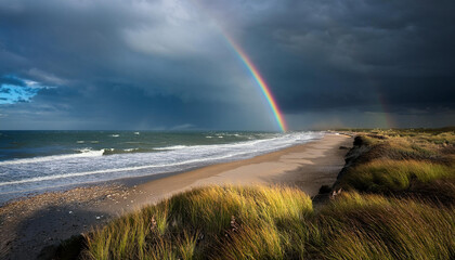 a seaside with a rainbow and a stormy sky