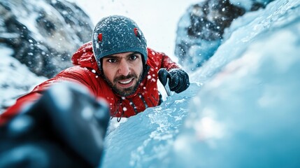 A climber is caught mid-action while scaling a challenging icy slope, showcasing determination and skill amidst snowfall, with a focus on the icy terrain and rugged surroundings.