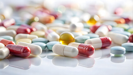 Colorful pills on white background. Focus on foreground