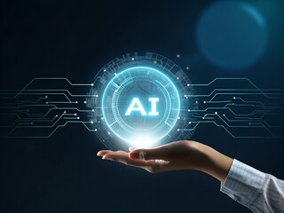 a hand holding a glowing circular interface with the  "AI" surrounding the interface are futuristic digital elements,