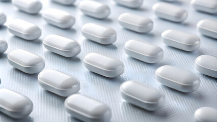 Close-up of white pills in blister pack. Focus on foreground