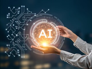 a hand holding a glowing circular interface with the  "AI" surrounding the interface are futuristic digital elements,
