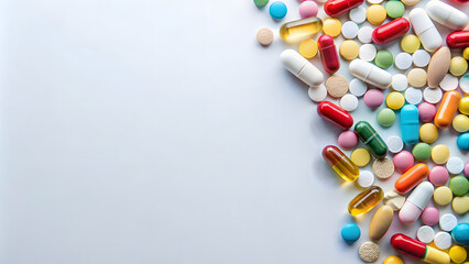Colorful medicine pills and capsules on white background with copy space.