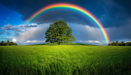 Naklejka premium beautiful panorama with inexperienced grass area and lone tree inside the historical past extremely good rainbow