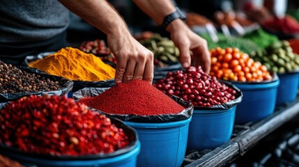 A close-up view of a vendor's hands selecting colorful spices at a bustling market stall, showcasing a variety of textures and vibrant hues that attract customers.