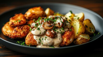 An exquisite dish featuring succulent chicken cutlets topped with creamy mushroom sauce, complemented by roasted baby potatoes, representing culinary excellence and flavor.